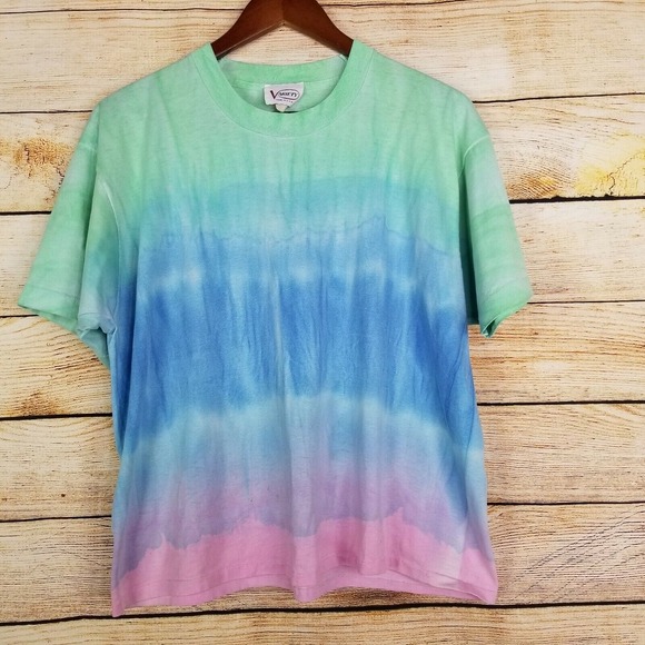 Vintage Variety T-shirt‎ One Size Crew Neck Tie Dye Single Stitch Pastel Striped - Picture 1 of 8
